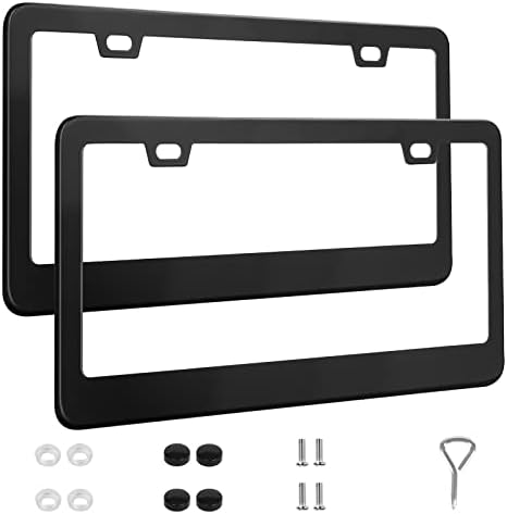 QUANQIUFEI 2 Pack License Plate Frames, Stainless Steel Car License Plate Cover Car Accessories with Screw Caps (Black)