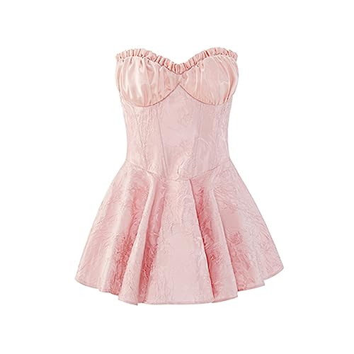 Women Sleeveless Off Shoulder Sweet Mini Dress Corset Boning Lace Jacquard Slim Fit Pink Sexy Strapless Summer Dress4