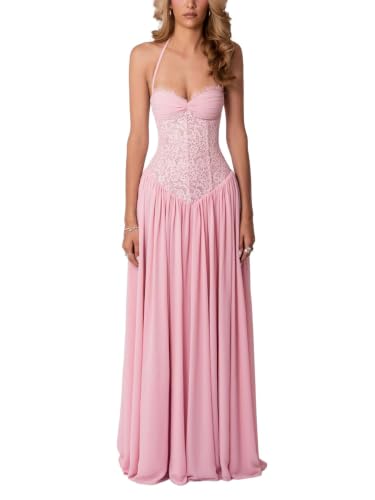 HNMYCY Women Halter Spaghetti Strap Maxi Dress Sheer Lace Corset