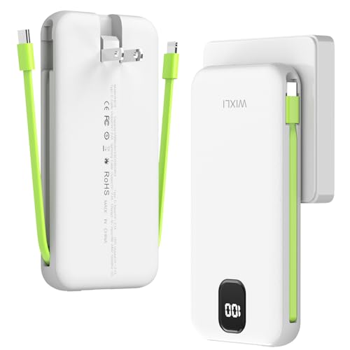 Portable Charger with Built in Cables and Wall Plug, 12000mah Slim Fast Charging USB C Power Bank, Travel Essential Battery Pack Compatible with iPhone 16/15/14/13, Android Phone etc (White)