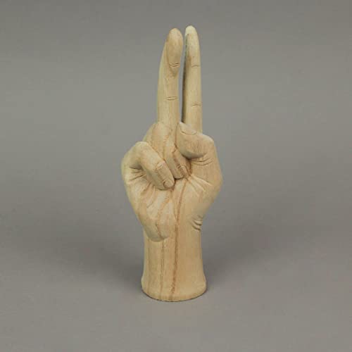 Zeckos Hand-Carved Natural Finish Wood Peace Sign Hand Gesture Statue Boho Décor 7.75 Inches High #TOP3