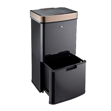 Cooks Professional Recycling Sensor Bin 75L with Dual Compartments and Removable Food Caddy for Kitchen | Smart Automatic Brushed Stainless Steel Bins | Black/Copper