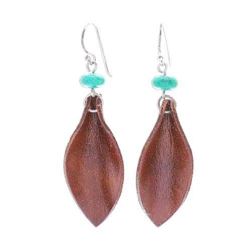Boucles d'oreilles feuilles turquoise et cuir pour un look bohème chic