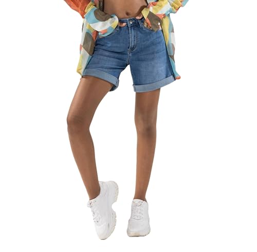 Nina Carter P208 damskie szorty jeansowe z wysokim stanem, styl used look, na uda, denim, letnie szorty, Niebieski (P208-5), S Szczupły