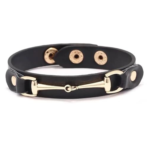 AWST International Vegan Leather Bracelet w/Gold Tone Snaffle Bit- Black