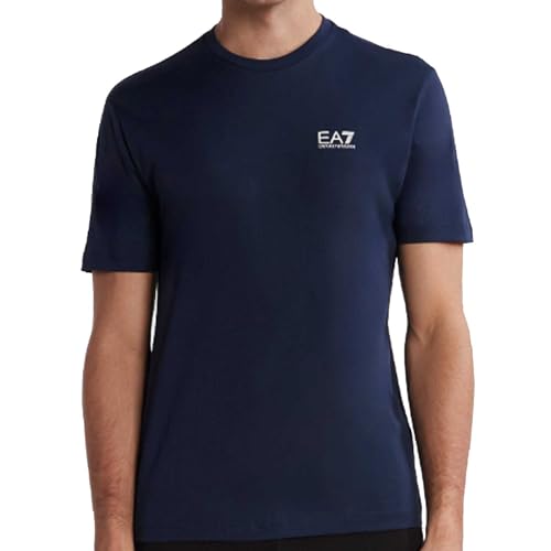 Image of Emporio Armani EA7 Men's Crew Neck Logo Series Cotton T-Shirt with Maxi Logo on the Back - 8NPT18 (IT, Text, L, Regular, Navy Blue), Navy, L