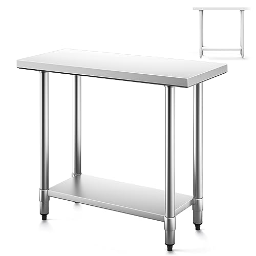 GiantexUK Stainless Steel Catering Table, 48x30Inch/48x24Inch/36x24Inch Commercial Work Table with Adjustable Shelf & Non-slip Footpads, Heavy Duty Food Prep Workbench for Kitchen Garage (91x61x89cm)