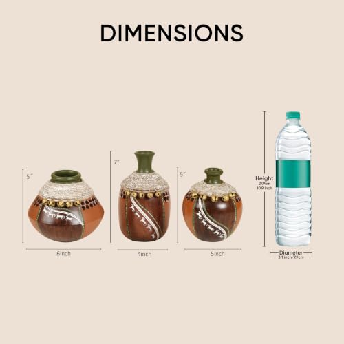 Image of Aakriti Art Creations Coco-F Jute Embellished Earthen Vases in Warli Art Set of 3 | Handcrafted Terracotta Flower Vases in Brown | Matte Finish Decorative Vases for Living Room, Table & Floor Decor