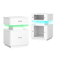 AIUUCS LED End Table Set of 2 with Charging Station for Bedroom White | Mid-Century Bedside Table, Night Table, 2 Sliding Doors, Curvy Edge Design, Type-A + C Ports