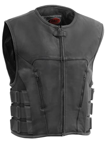 First Mfg Co - Commando - Mens Swat Style Leather Motorcycle Vest For Men with Adjustable Side Panels Zipper Front Vest