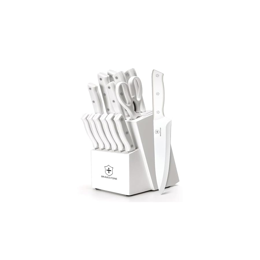 BRAVESTONE Knife Set, 15 Piece Kitchen Knife Set with Block Self Sharpening, Dishwasher Safe, Anti-slip Handle (Cream)