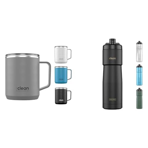 The Clean Hydration Co Insulated Stainless Steel Travel Mug Cup, Double Wall Ceramic Tumbler, No Metal Taste in Coffee Tumbler 12 Oz, Grey and Insulated Bike Water Bottle, Black, Sport 23 Cover