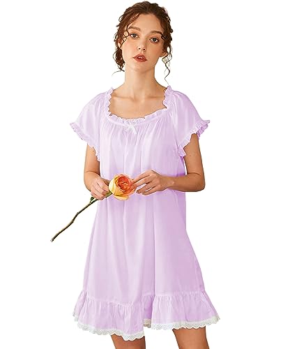 Image of Nanxson Women's Cotton Nightgown Short Sleeve Sleepwear Vintage Nightshirt | Summer Victorian Sleepdress,White Sleepshirt,U Neck Lace Loungewear,Soft Nightshirt,Loose Loungedress,Bride Nightwear