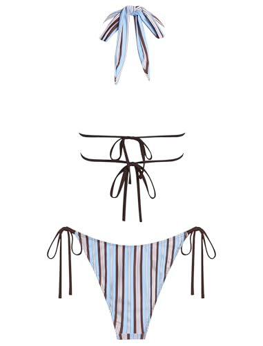 Image of ZAFUL Halter Swimsuits for Women Textured Backless 2 Piece Bathing Suits Cheeky High Cut String Tie Side Bikini Sets