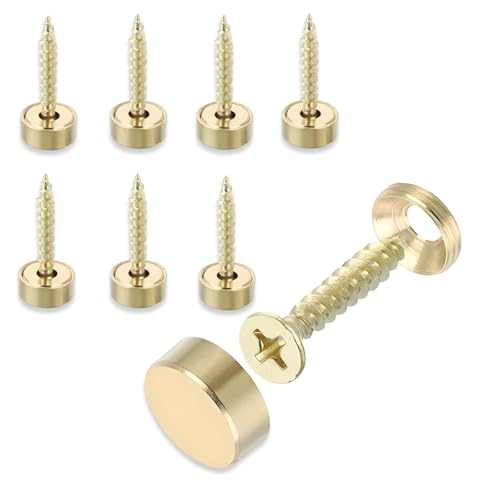 8 Sets Mirror Screws, 12mm Mirror Screws with Chrome Caps & Washers, Brass Decorative Screw for Mirrors, Furniture Fittings, Tables, Wardrobes, Glass, Gold