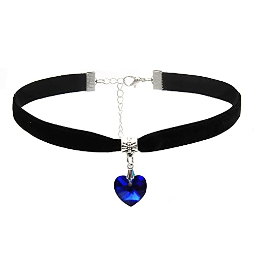 Wharick Collier ras du cou réglable chic en simili cuir style gothique vintage en velours pour femme, collier court en forme de cœur avec strass, bleu marine, S Cover