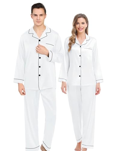 SWOMOG Men Pajama Silk Satin Long Sleeve Sleepwear Soft Button Down Loungewear Two Pieces Pj Set Men White Medium