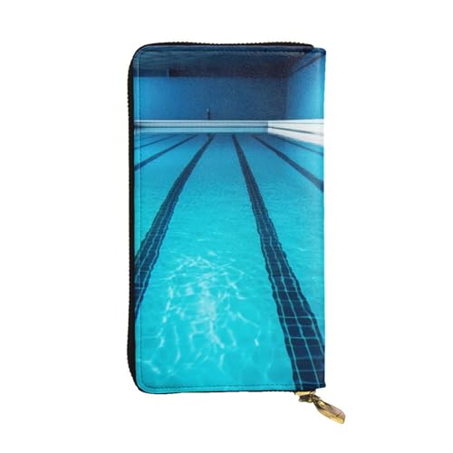 Long sac à main en cuir bleu avec fermeture éclair pour ranger son téléphone
