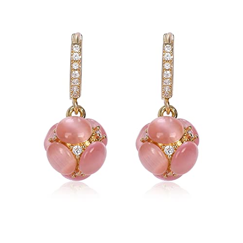 Ideajoy Pink Flower Hoop Earrings For Women Drop Gold Plated Floral Dangle Statement Earrings Small Ball Crystal Stone Beaded Earrings Rhinestone Wedding Handmade Fashion Jewelry Gift For Girls #TOP3