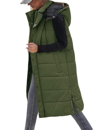 Tuopuda Chaleco Largo para Mujer de Capucha con Cremallera Chaleco Acolchado de Plumas Chaqueta de Invierno sin Mangas Abrigo de Cálidos on Bolsillos(Verde,XL)