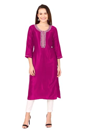 Ladyline Formal Gaji Silk Plain Tunic Kurta for Women with Lace Mirror Work Embroidery Kurti Top (SEK LLK1330) (50/Dark-Blue)