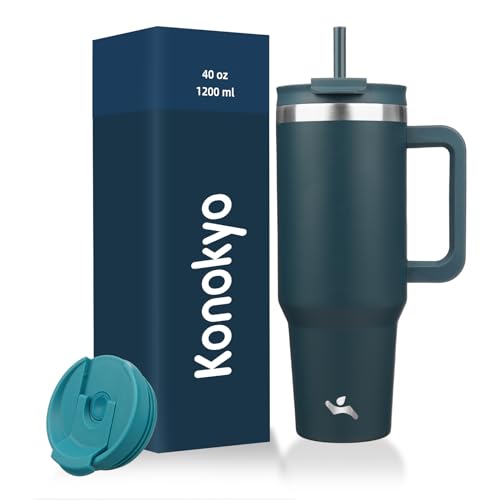 Image of Konokyo 40 oz Insulated Tumbler Water Bottle with Handle, Straw Lid | BPA-free and dishwasher safe; made for gym, travel, coffee and gifting, 2 straws, cup holder friendly,Navy blue