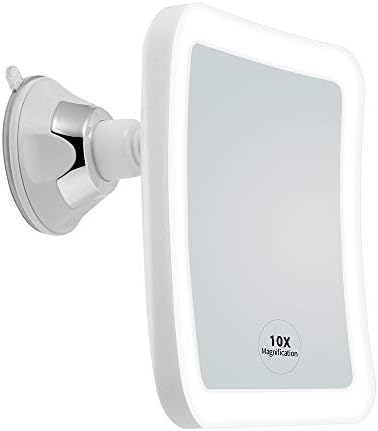 JiBen Square LED Lighted 10X Magnifying Makeup Mirror, Power Locking Suction Cup, Bright Diffused Light and 360 Degree Rotating Adjustable Arm, Portable Cordless Home and Travel Bathroom Vanity Mirror