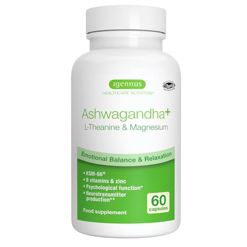 Igennus Ashwagandha KSM-66 Complexe avec L-Théanine & Magnésium Pur Extrait de Racine 600mg, Anti-Stress, Anxiété, Réduction Cortisol et Fatigue – 60 Capsules Végan à Action Rapide, 30 jours