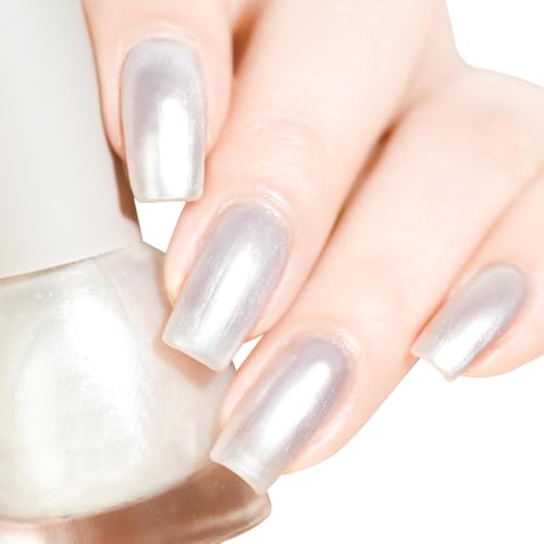 COSMOO Pearl White Nail Polish, 10ml Quick Dry Nail Lacquer, Super Lustrous Nail Enamel Polish, Shimmer Iridescent Ultrachrome Art Varnish, 0.34 fl oz (Pearl)