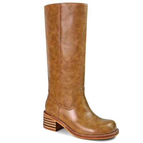 Baxtayel Womens Knee High Boots Square Toe Chunky Block Wide Calf Long Boots Fashion Pull On Riding Boots Comfortable Low Heel Boots