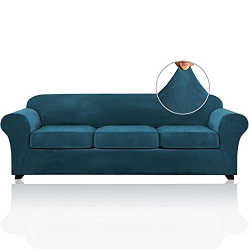 PrinceDeco Velvet Plush Couch Cover Stretch 2 Piece Chair Cover Chair Slipcover Washable Furniture Protector Couch Soft with Elastic Bottom Armchair Cover Width Up to 49 Inch(Small, Blue)
