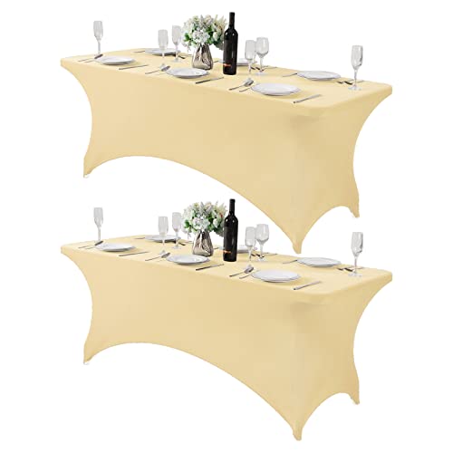Hezuzo 2Pack Spandex Table Cover for 6Ft or 4fT or 8ft Table Universal Fitted Stretch Tablecloth for Party, Banquet, Wedding and Events-Champagne