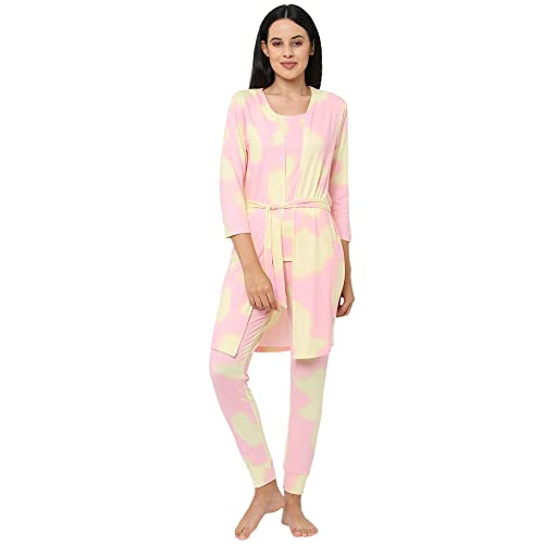 Image of Sweet Dreams Women Tie & Dye Lapel Collar 3 /4th Sleeve Poly Brush Robe, Slip & Pyjamas