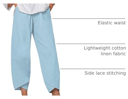 Image of Womens Cotton Linen Capri Pants Casual Elastic Printed Ankle Pants | Cotton Linen Capri Pants for Women 2025 Casual Printed Cropped Palazzo Pants Elastic Waist Lounge Baggy Trousers