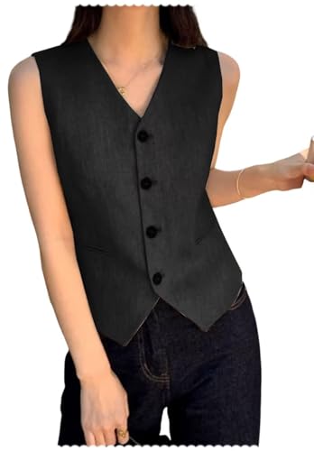 Women's 4-Buttons Linen Suit Vest Lightweight Slim Fit Casual Sleeveless Waistcoat
