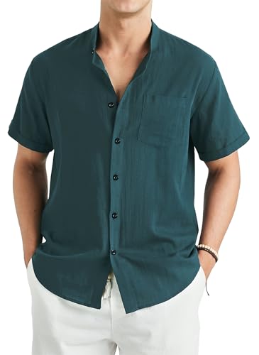 Enlision Camisa Lino Hombre Manga Corta Camisas de Verano Hombre Camisa Verde Hombre Cuello Mao de Color Sólido con Botónes Bolsillo de Verano Playa Boda 4XL