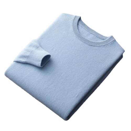 100% Merino Wool Sweater Mens Crew Neck Pullover Tops Solid Color Seamless Sweater Basic Jumper Sky Blue M