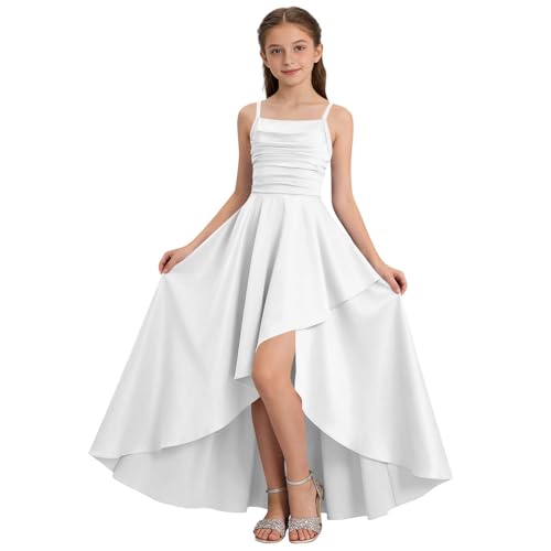 XINYUNZU Robe de soirée pour Fille, Robe de Bal de Promo Courte Devant Longue Derriere et élégante, Robes d'été sans Manches décontractées pour Enfant Blanc 11-12 Ans
