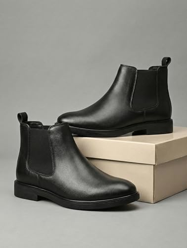 Image of Synthetic Leather Slip-On Chelsea Boots with Side Zipper | Lightweight, Comfortable, Formal and Casual Shoes for Office & Party