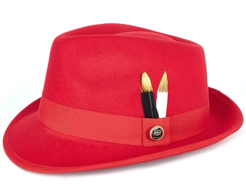 FADACHY Fedora Hats for Men & Women Short Brim Felt Hat Trilby Fedora with Feather Panama Dress Hat Red Hats