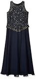 J Kara Women's Petite Long Beaded V Trim Detail Dress with Scarf, Navy/Mercury/Gun, 12P
