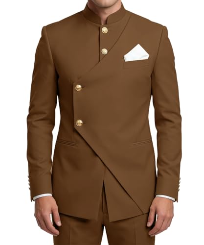 Wrycay Chinese Tunic Suit for Men 2 Piece Slim Fit Suit,Brown,XL