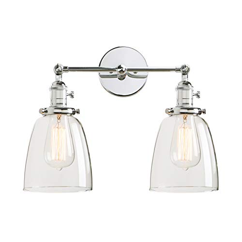 Permo Double Sconce Vintage Industrial Antique 2-Lights Wall Sconces with Oval Cone Clear Glass Shade (Chrome)