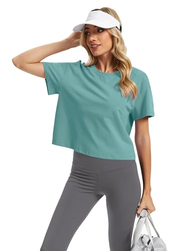Image of SMENG Women's Workout Crop Tops UPF50+ Cotton Soft Breathable Tshirt Loose Short Sleeve Yoga Athletic Shirt