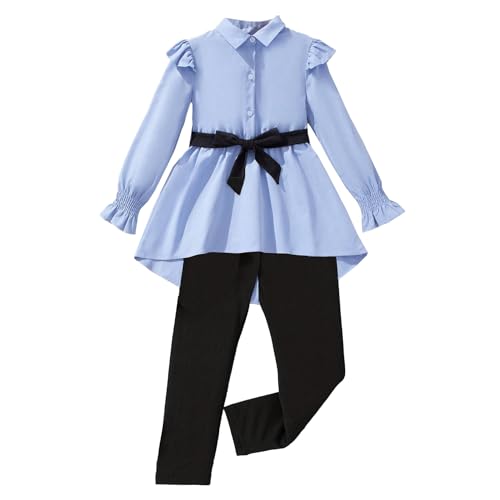 Image of Girls' Light Blue Ruffled Long - Sleeve Shirt with Black Belt and Black Leggings Set 7-13 Years