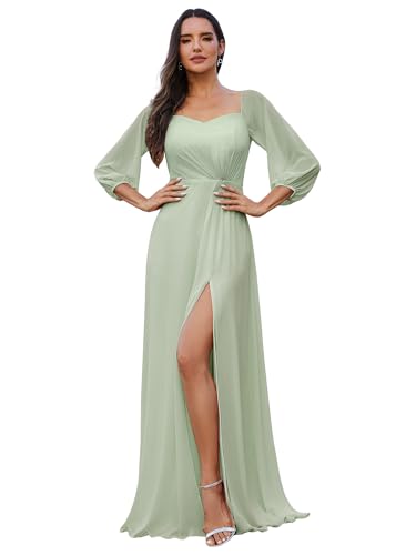 Ever-Pretty Bridesmaid Dress Off-Shoulder Long Lantern Sleeves High Split Chiffon Wedding Guest Dress Mint Green 14UK