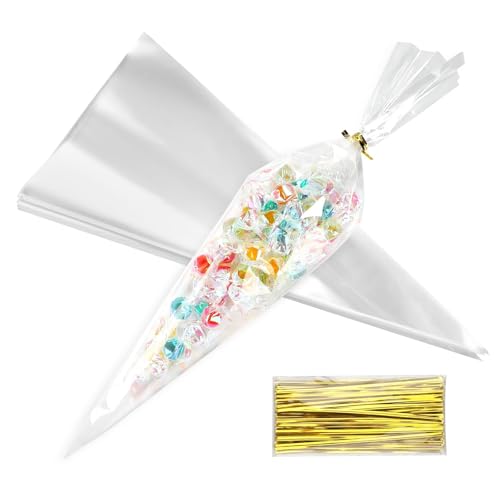 ktxaby 100 Stück Spitztüten Transparent 18x37cm Süßigkeiten Tüten mit 100 goldenen Bindebändern Candy Bar Tüten Cellophantüten für Popcorn Schokolade Bonbons Kekse Hochzeit Geburtstag Party Geschenke
