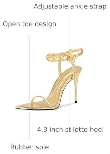 Image of Gold Strappy Stiletto Heels for Women Metallic Ankle Strap Open Toe High Heel Sandals Elegant Dress Shoes for Wedding Party Prom and Evening Events
