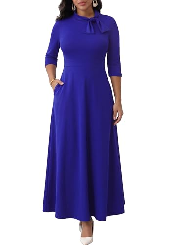 Image of FANDEE Maxi Long Dress Women, Church A Line Bow Tie Neck Casual Dresses | 3 /4 sleeve with pockets, tea party elegant wedding guest semi formal bridesmaid dress, m-3xl, machine wash