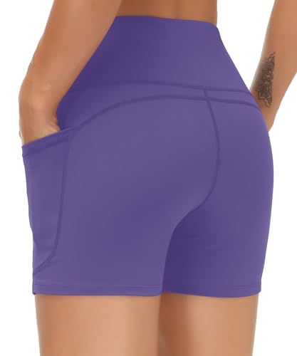 Image of THE GYM PEOPLE High Waist Yoga Shorts for Women's Tummy Control Fitness Athletic Workout Running Shorts with Deep Pockets